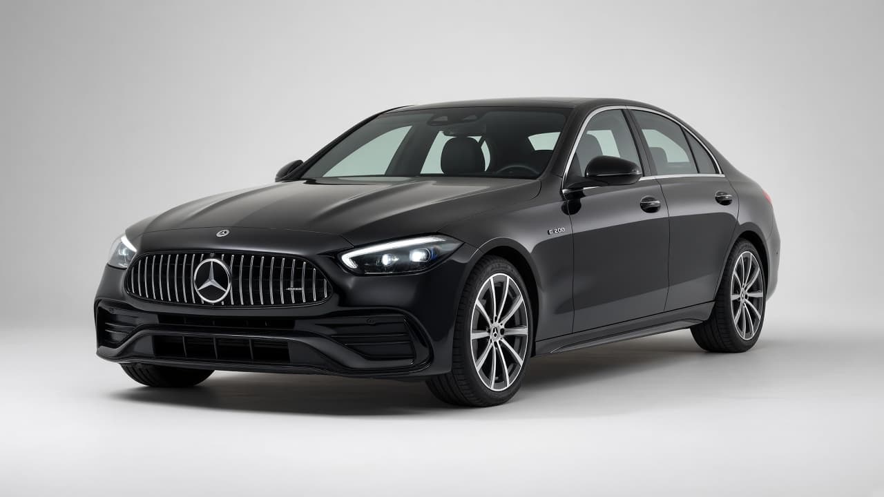 Latest Mercedes-Benz C200 sedan in silver, three-quarter front view