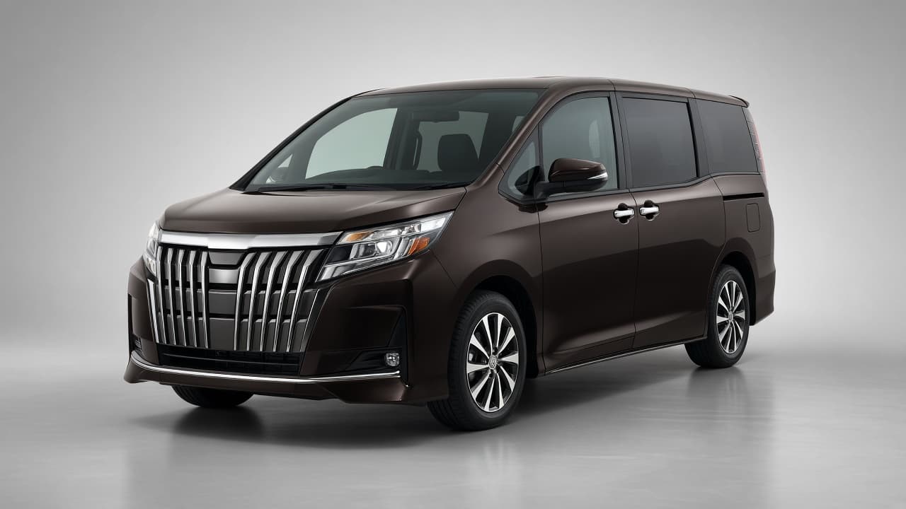 Toyota Esquire luxury MPV in dark metallic, three-quarter front view