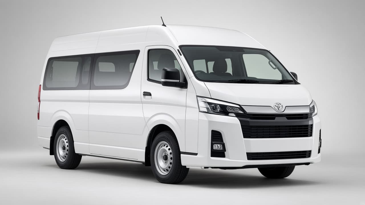 Latest Toyota Hiace passenger van in white, three-quarter front view
