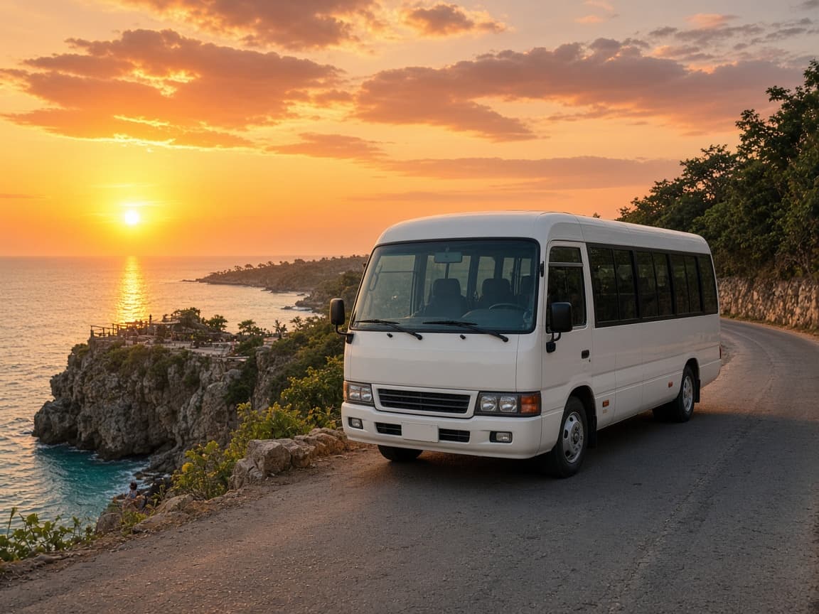 Private Jamaica tour vehicle on a cliff road at sunset